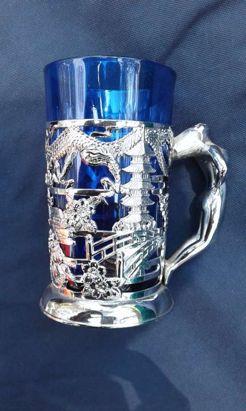 COBOLT BLUE MUGS INSILVER PLATED HOLDERS 2 UP FOR GRABS BID INDIVIDUALY